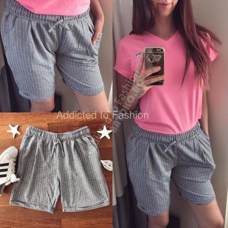 Gray shorts with white stripes and waist