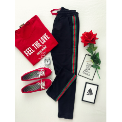 Long black cotton trousers with red and green stripe