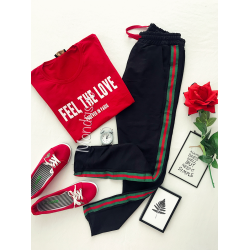 Long black cotton trousers with red and green stripe