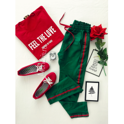 Long green cotton trousers with red and green stripe