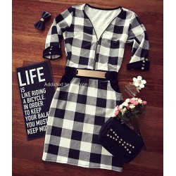 Elegant casual short dress with black and white plaid