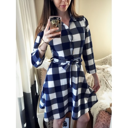 Casual white short dress with blue plaid