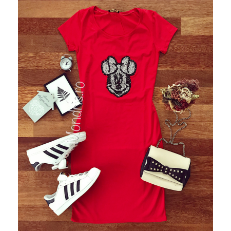 Stylish red day dress with Mickey Mouse sequin print