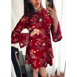 Casual red day dress with floral print + FREE NECKLACE