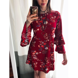 Casual red day dress with floral print + FREE NECKLACE
