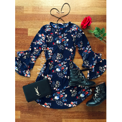 Casual blue day dress with floral print + FREE NECKLACE