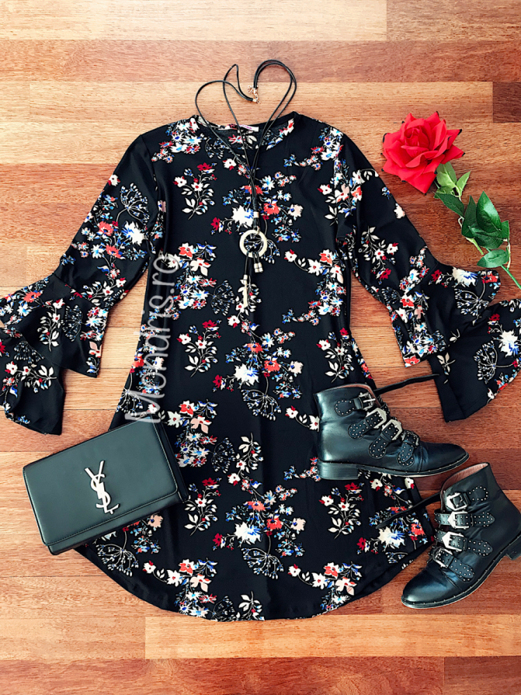 Casual black day dress with floral print + FREE NECKLACE