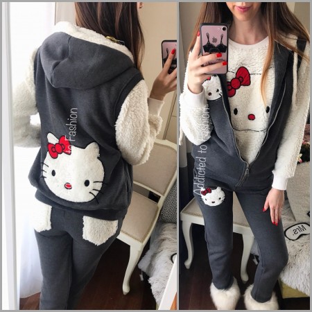 Thick fluffy gray sport suit with vest and Hello Kitty inscription