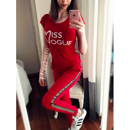 Trendy red ladies sport suit with printed text consisting of long pants and shirt