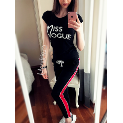 Trendy black ladies sport suit with printed text consisting of long pants and shirt