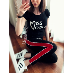 Trendy black ladies sport suit with printed text consisting of long pants and shirt