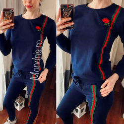 Blue cotton ladies sportsuit with stripes and rose patch