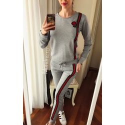 Grey cotton ladies sportsuit with stripes and rose patch