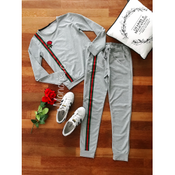 Grey cotton ladies sportsuit with stripes and rose patch